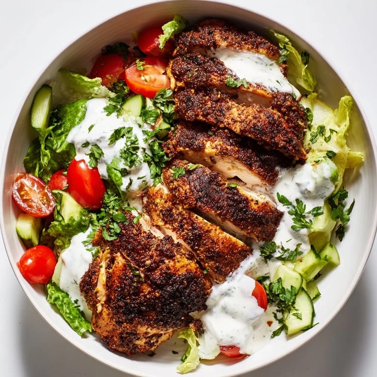 A vibrant Chicken Shawarma Salad Bowl topped with fresh parsley, diced cucumber, and a creamy garlic sauce.