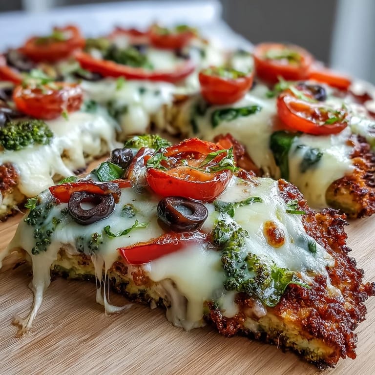A healthy Broccoli Chicken Crust Pizza served with fresh basil and chili flakes, perfect for a gluten-free, low-carb dinner.