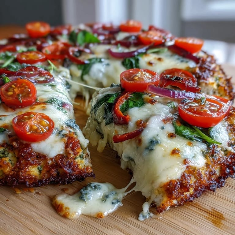 Sliced Broccoli Chicken Crust Pizza showing a thick, hearty crust topped with spinach, black olives, and bubbly cheese.