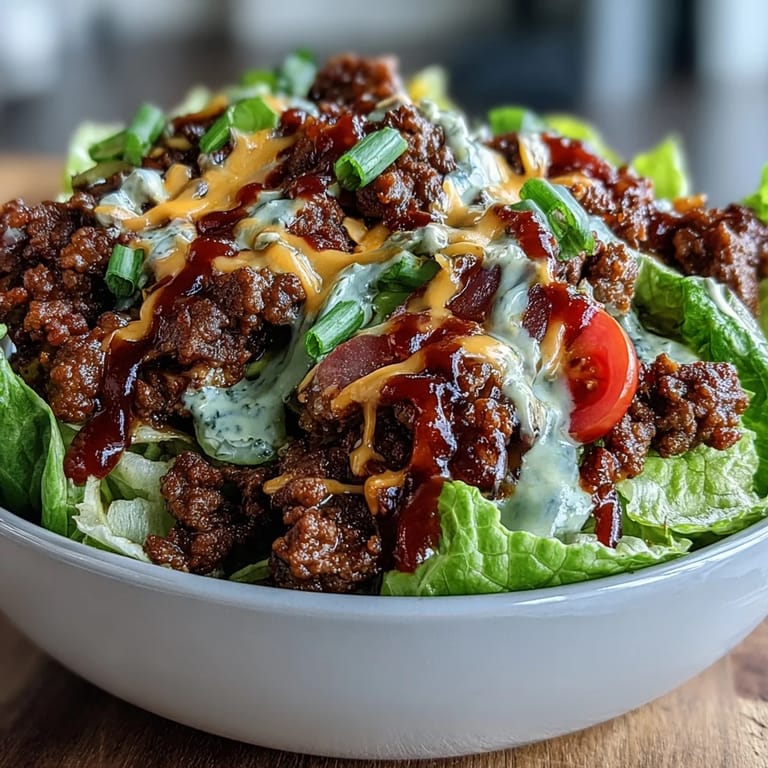 An overhead view of a flavorful Easy Big Mac in a Bowl featuring shredded cheddar, diced pickles, and a creamy special sauce.