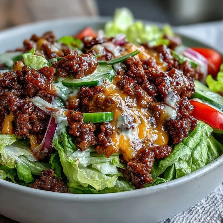 Healthy deconstructed Easy Big Mac in a Bowl meal prep idea with gluten-free ingredients and savory burger flavors in every bite.