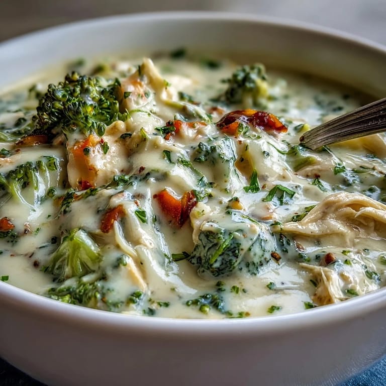 A rustic mug of Chicken Broccoli Cheddar Soup, rich with melted cheddar and vibrant green broccoli.