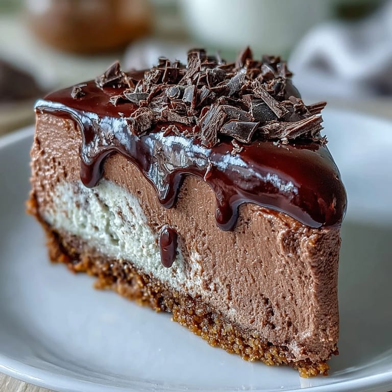 Guilt-free chocolate cottage cheese cheesecake, topped with chocolate shavings, perfectly chilled.