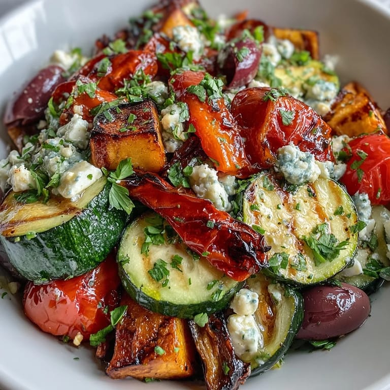 Platter of Roasted Greek Salad with roasted Mediterranean vegetables, cucumber, Kalamata olives, and crumbled feta cheese.