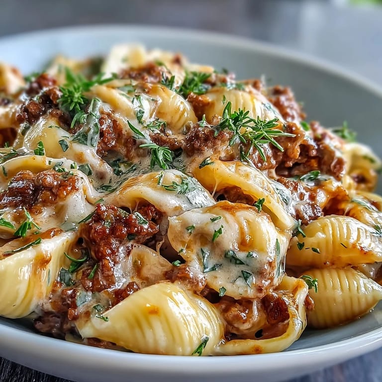 Easy One Pot Creamy Beef and Shells, rich, savory shells swimming in delicious sauce.