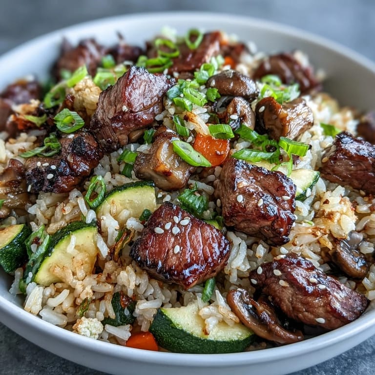 Tender steak cubes and scrambled eggs mixed into savory Easy Hibachi Steak Fried Rice.