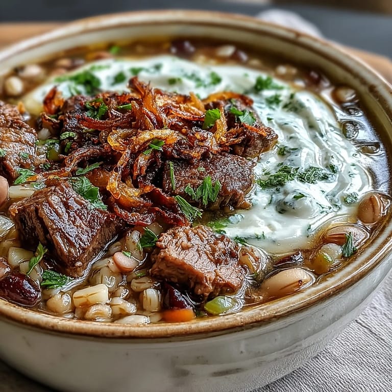 Beef Barley Soup served hot in a wide bowl, topped with a tangy swirl of sour cream and crispy mint-fried onions, with crusty bread alongside.