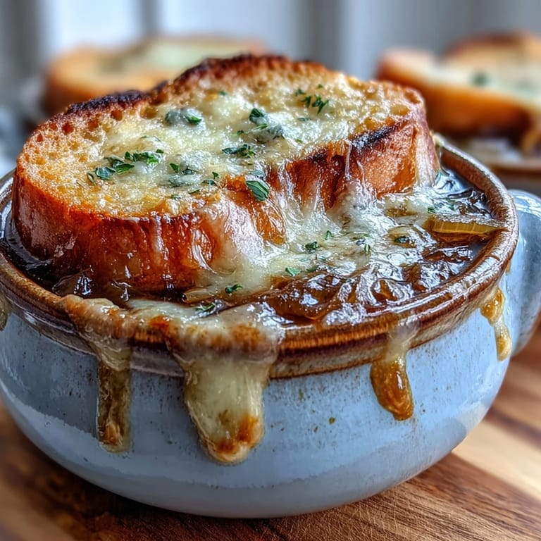 Steaming Classic French Onion Soup features deeply caramelized onions in rich beef broth, finished with broiled Gruyère under a crusty bread slice.