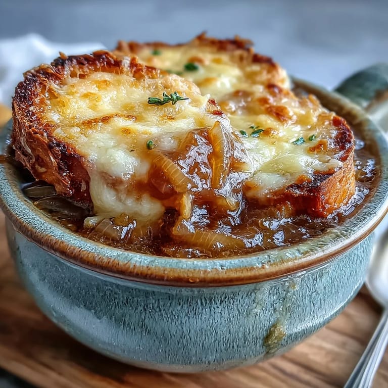 Classic French Onion Soup in an oven-safe bowl, with melted Gruyère and a toasted baguette, ready to serve for dinner.