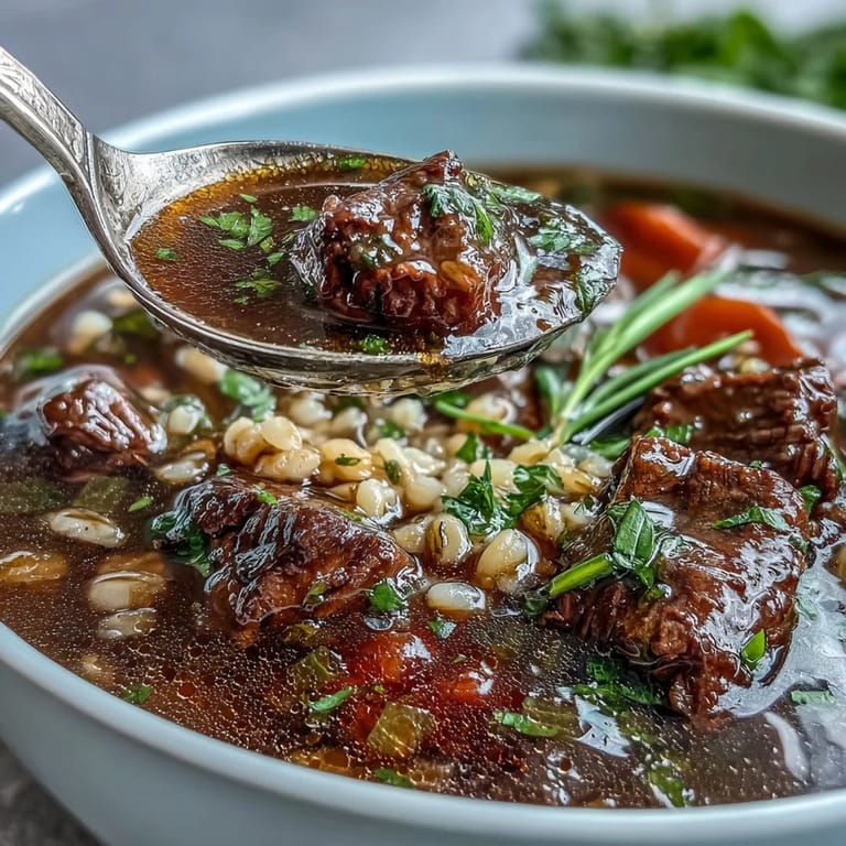 A hearty bowl of Beef and Barley Soup topped with fresh parsley, ready to serve with crusty bread.