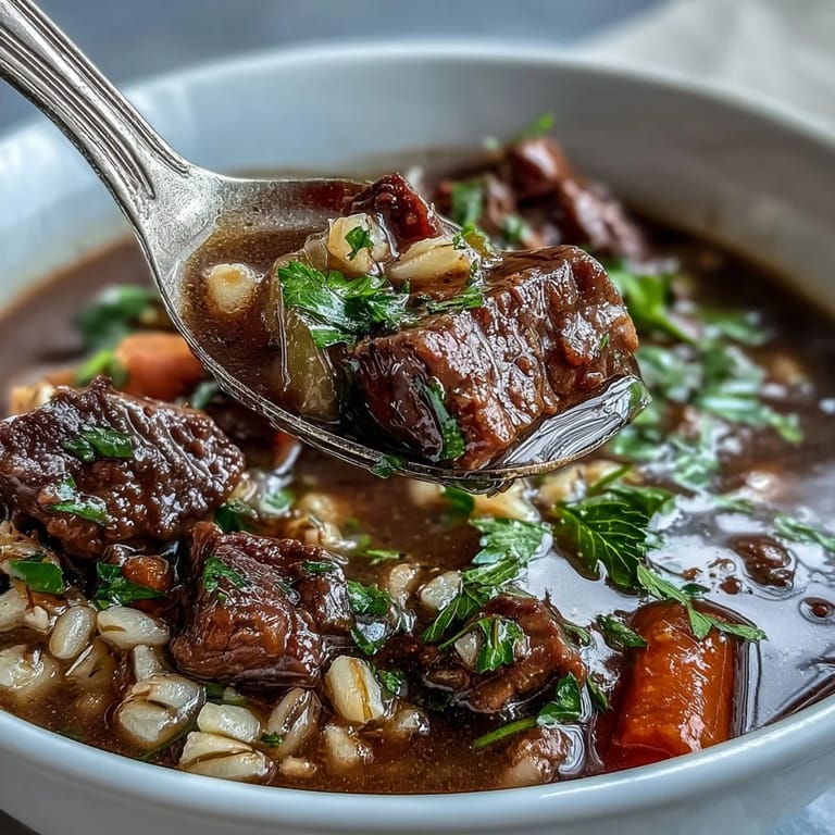Close-up of Beef and Barley Soup featuring mushrooms and peas, steaming on a rustic wooden table.