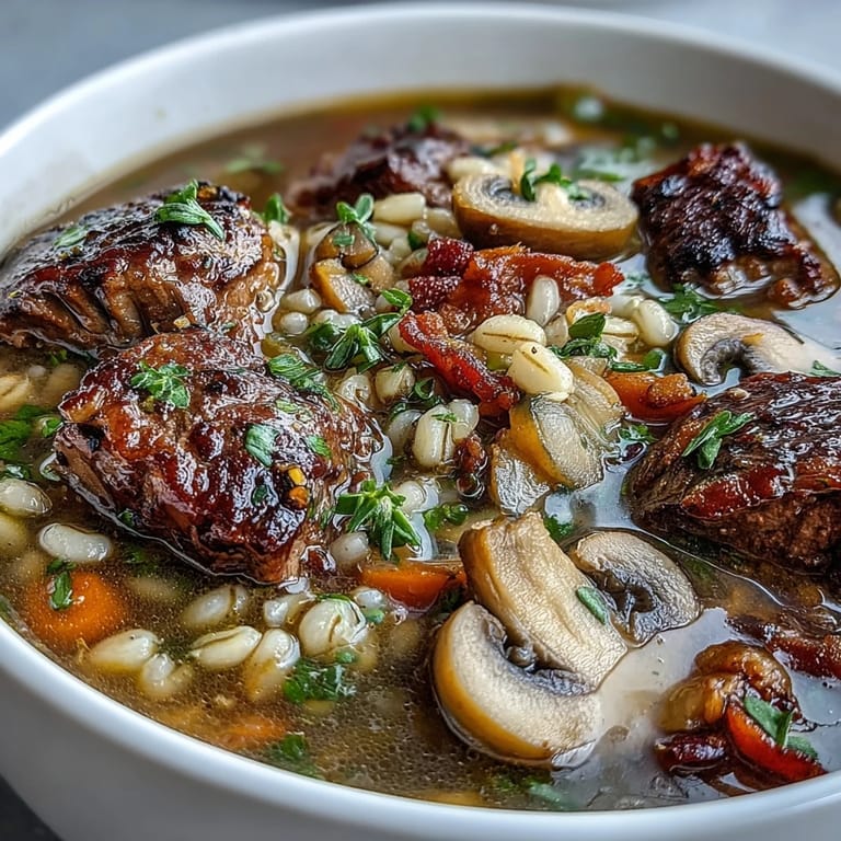 A close-up shows a ladle of hearty Beef and Barley Soup with Mushrooms poured into a bowl, garnished with fresh parsley for a cozy dinner.