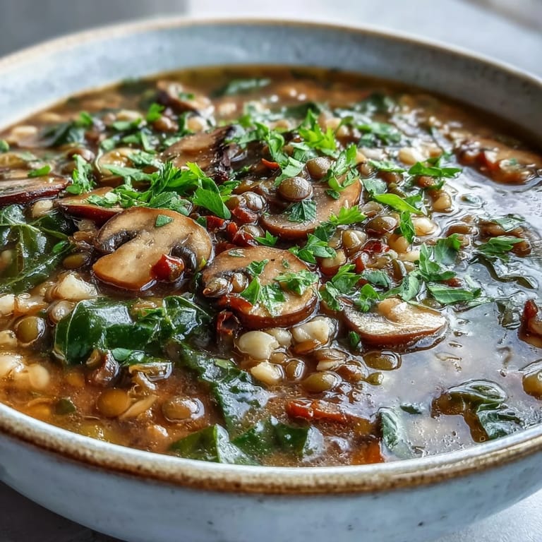 Vibrant Double Lentil and Mushroom Barley Soup served with crusty bread and lemon.