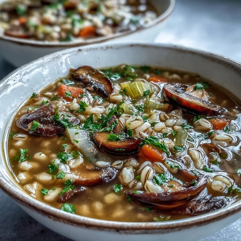 Mushroom Barley Soup simmering in a pot, featuring tender shiitake mushrooms and chewy pearl barley in a rich broth.