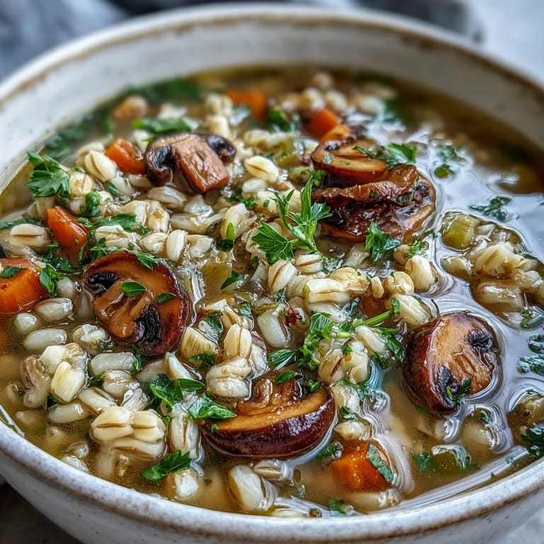 Overhead view of hearty Mushroom Barley Soup, with diced carrots and celery visible in a rustic ceramic bowl.