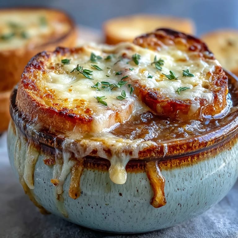 French Onion Soup with a toasted bread crouton, melted Gruyère pull, and fresh thyme garnish on a rustic table.