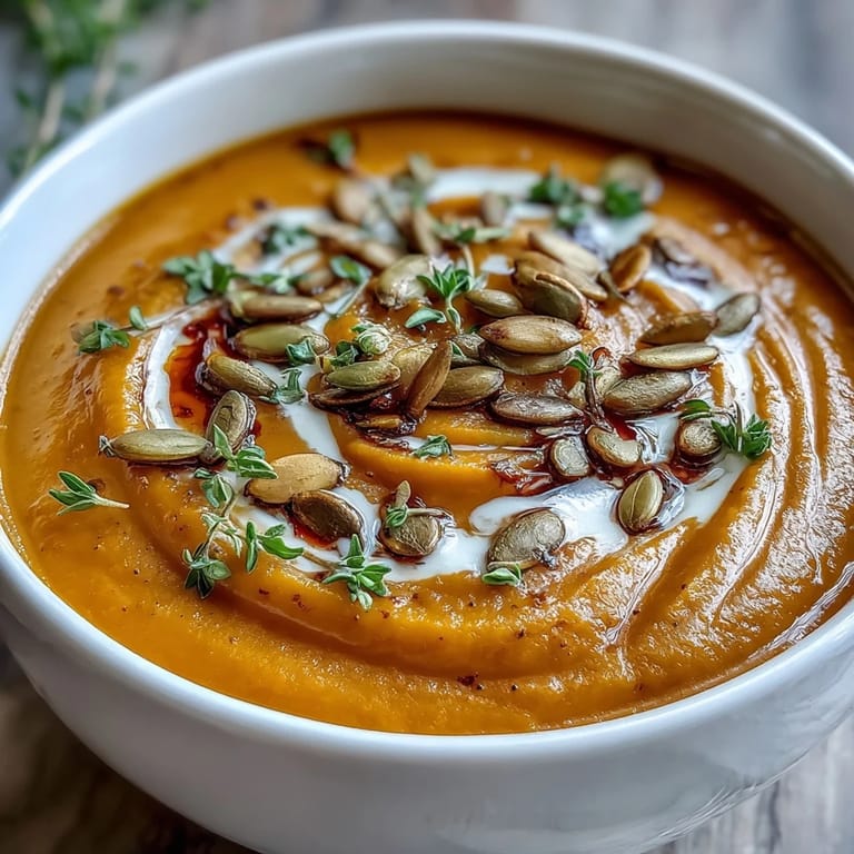 Golden roasted Butternut Squash Soup steaming in a white ceramic cup, highlighting its rich, velvety texture.