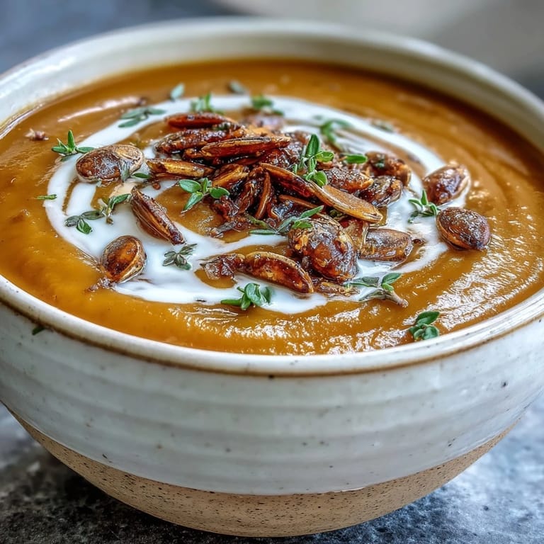 Golden roasted vegetables blended into smooth Roasted Butternut Squash Soup, steaming in a white bowl with thyme garnish.