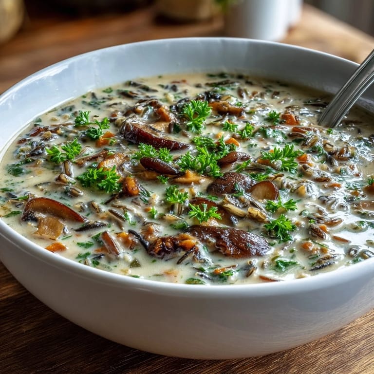 A spoon dipping into a bowl of hearty Wild Rice Mushroom Soup with crusty bread on the side.
