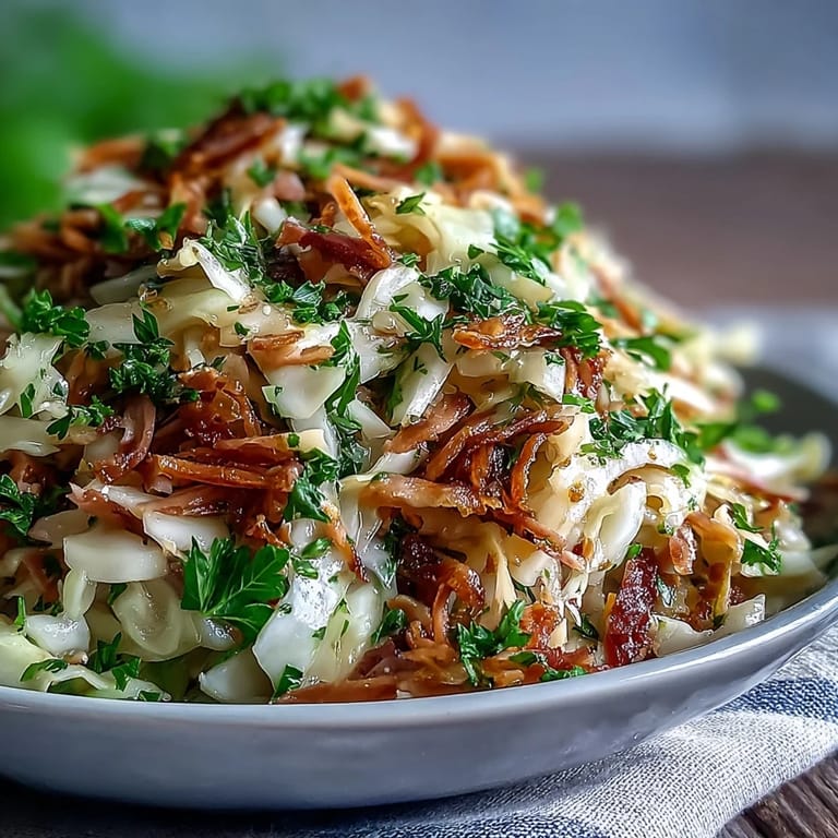 Freshly tossed German Cabbage Coleslaw With Shredded Ham garnished with parsley, showcasing grated carrots and thinly sliced red onion on a rustic table.