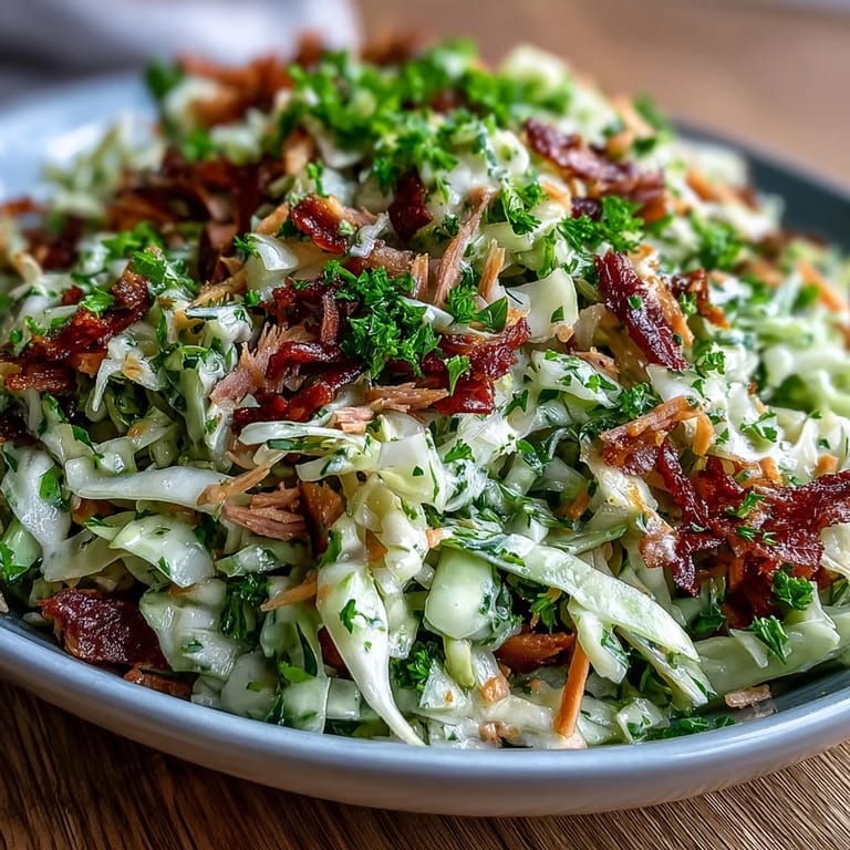 Close-up view of German Cabbage Coleslaw With Shredded Ham highlighting smoky ham chunks and shiny dressing, ready to be eaten with a fork.