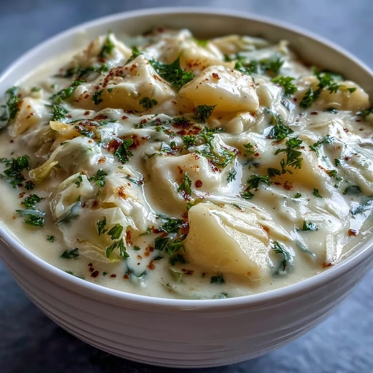 Hearty Creamy Potato Soup with Cabbage in a white bowl, steam rising, ready to serve with crusty bread.