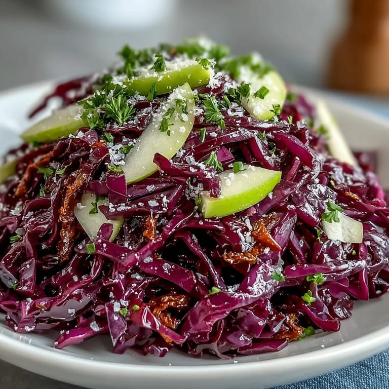 Shredded red cabbage, julienned apple, and Parmesan cheese tossed in a bright dressing create this easy Red Cabbage Coleslaw With Apple and Parmesan.