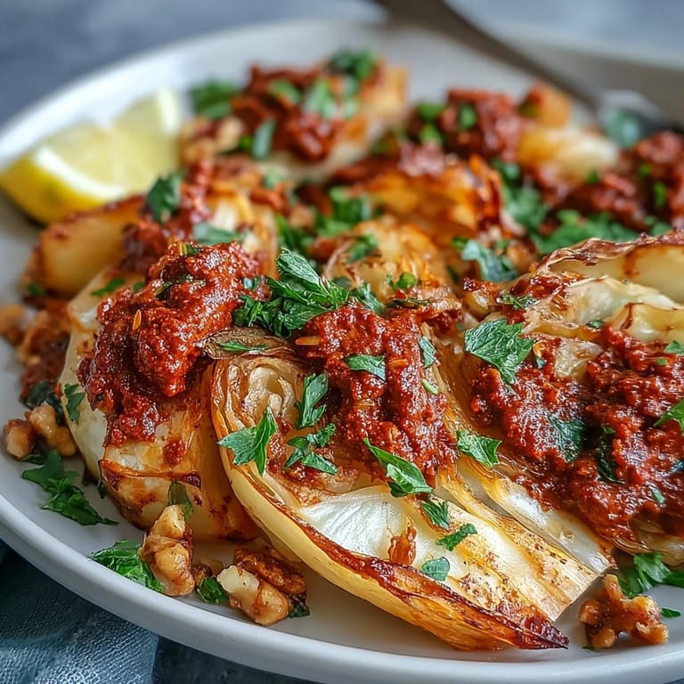 Warm Baked Cabbage Salad with Winter Romesco on a platter, ready for dinner.