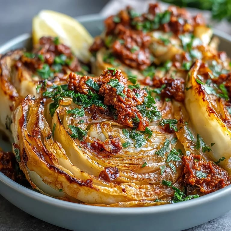 Roasted cabbage wedges topped with bold winter romesco and lemon wedges for serving.