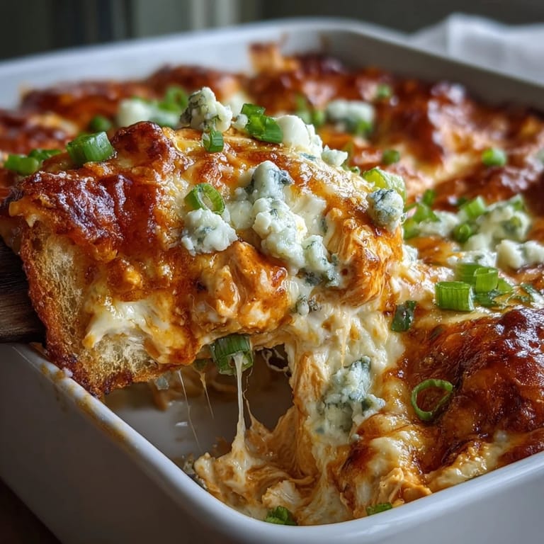 Hot, creamy Buffalo Chicken Dip with shredded chicken, blue cheese crumbles, and celery sticks on the side.