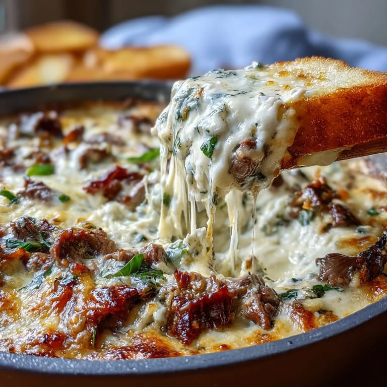 Gooey provolone melts over Philly Cheesesteak Dip served with baguette slices and chips.