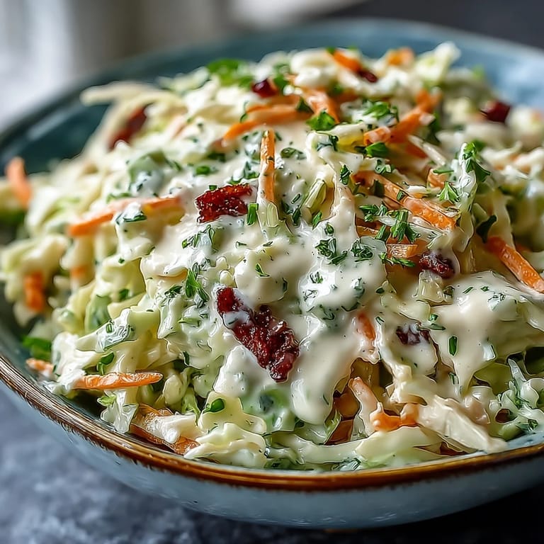 A chilled bowl of Coleslaw with creamy dressing, packed with crunchy cabbage and carrots for a picnic.