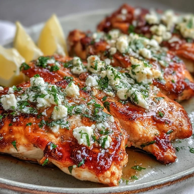 Plated Greek Chicken with Lemon and Feta, crumbled cheese and fresh herbs adding bright Mediterranean flavor to the meal.