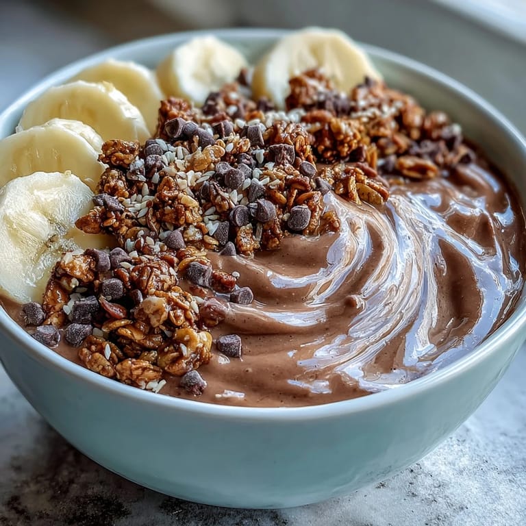 Spoon diving into a Chunky Monkey Smoothie Bowl with crunchy toppings and fresh banana slices.