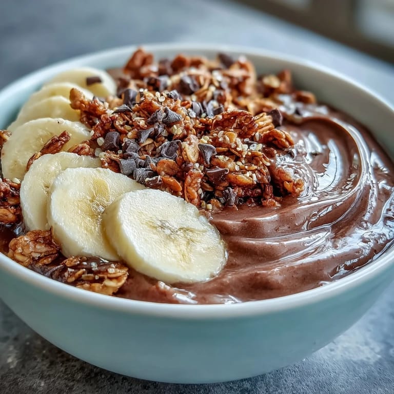 Thick and creamy chocolate peanut butter Chunky Monkey Smoothie Bowls ready to eat for breakfast.
