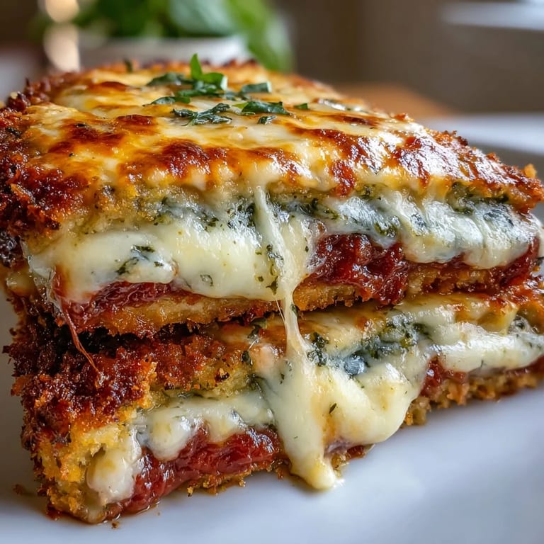 Juicy Pesto Chicken Parmesan is layered with melty mozzarella and marinara, presented alongside a simple green salad and crusty garlic bread for a complete meal.
