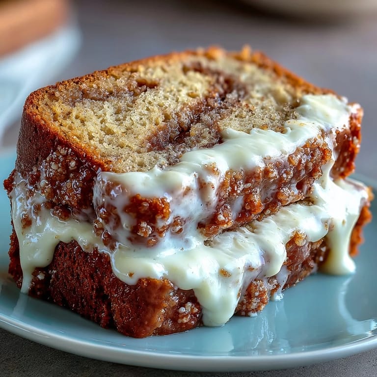 A thick slice of Cream Cheese Cinnamon Swirl Banana Bread on a plate, showing cinnamon sugar topping and a sweet cream cheese ribbon.