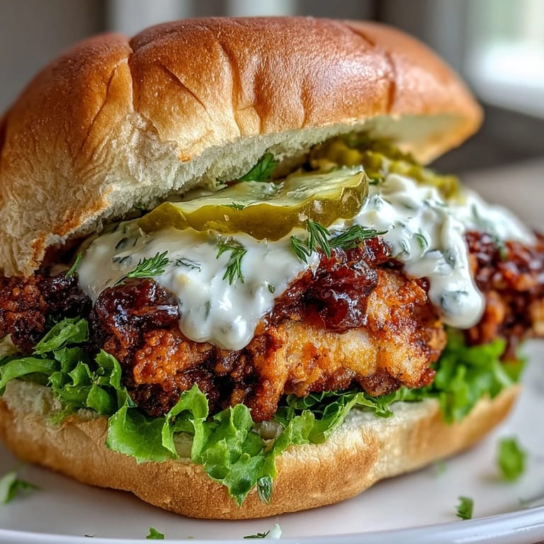 A close-up of a juicy Spicy Chicken Sandwich with Creamy Homemade Sauce, with pickles and lettuce on a rustic plate.