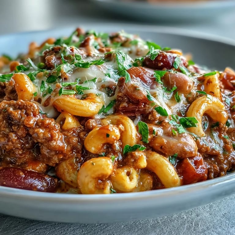 A spoon scoops into hearty One-Pan High Protein Chili Mac, revealing gooey cheddar and tender macaroni in a rich, smoky beef sauce.