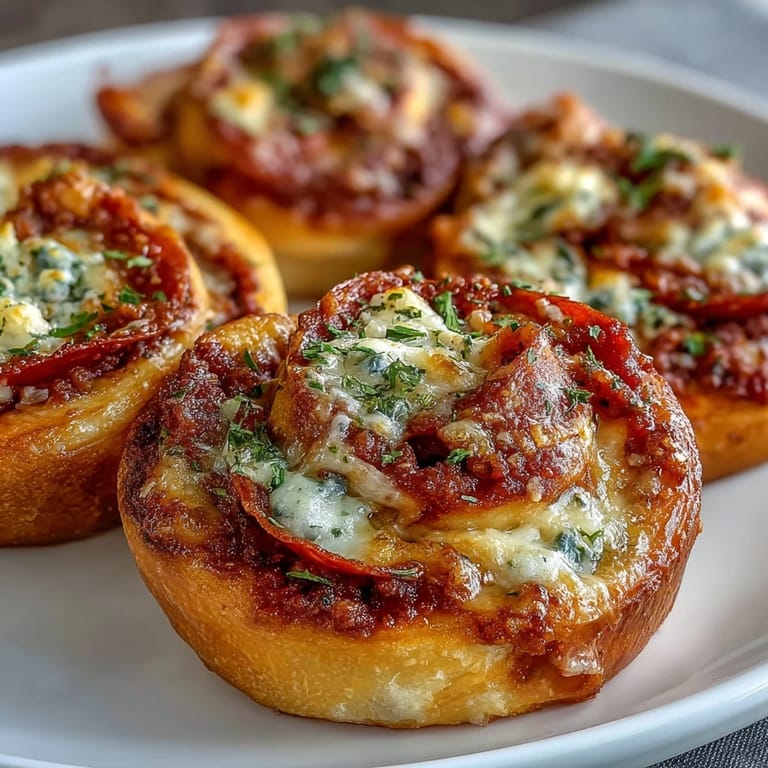 Freshly baked Irresistible High Protein Pepperoni Pizza Rolls reveal layers of lean beef, spicy pepperoni, and rich sauce inside soft dough.