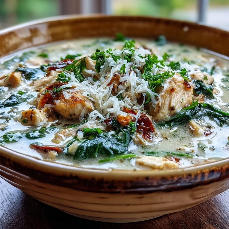 Velvety Garlic Parmesan Chicken Soup with tender chicken pieces and wilted spinach in a creamy broth.