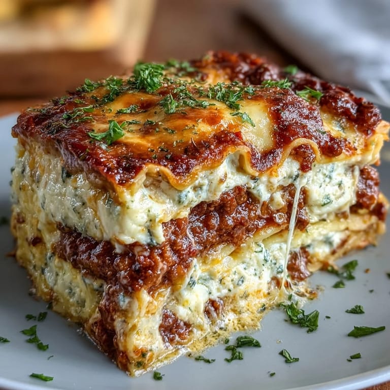 A slice of Worlds Best Lasagna on a plate, revealing cheesy layers and a side salad for dinner.