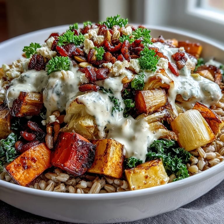 A close-up of the Hearty Winter Grain Bowl, featuring golden roasted carrots, parsnips, and fluffy quinoa topped with feta and pumpkin seeds.