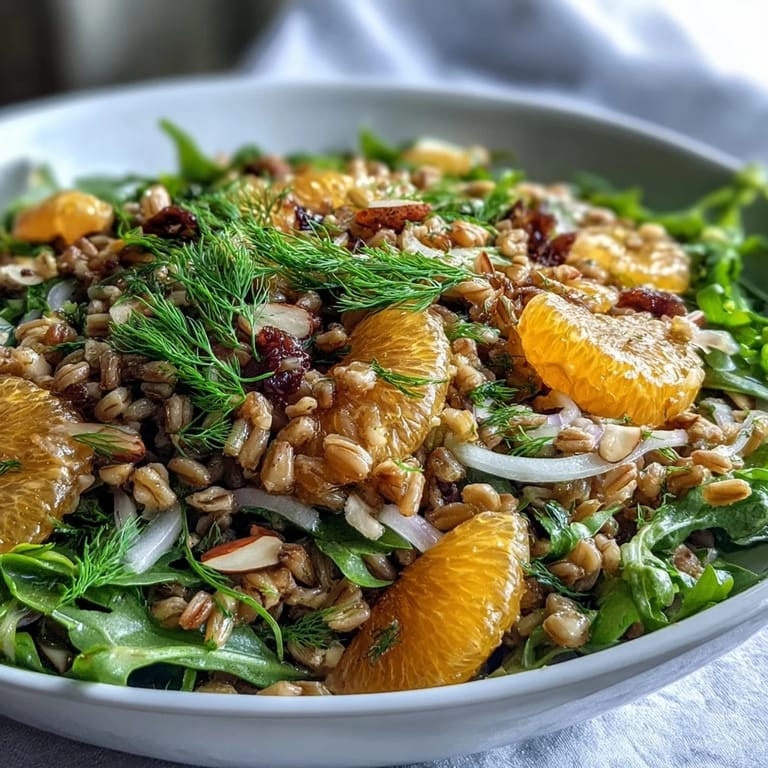 The finished Farro Salad Bowl with Fennel, Oranges & Almonds, tossed with zesty vinaigrette and topped with toasted almonds. 