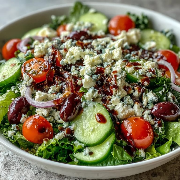 Freshly tossed Mediterranean Green Salad Bowl drizzled with tangy Greek dressing and red onion slices.