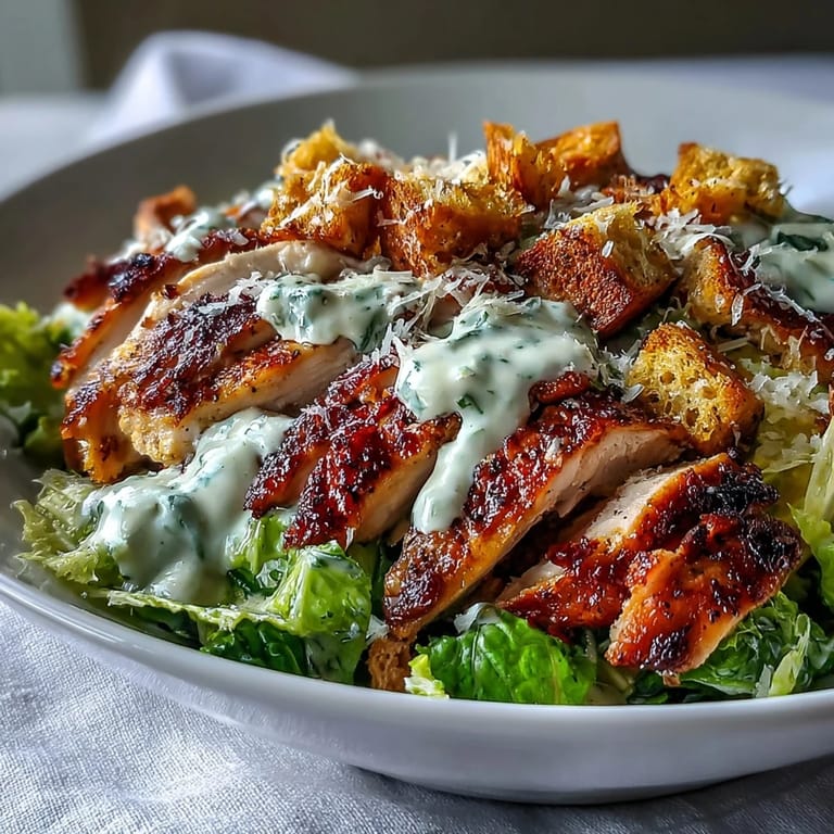 A Caesar Chicken Bowl showcases juicy grilled chicken over fresh romaine, with shaved parmesan and golden croutons, drizzled with creamy homemade Caesar dressing.  