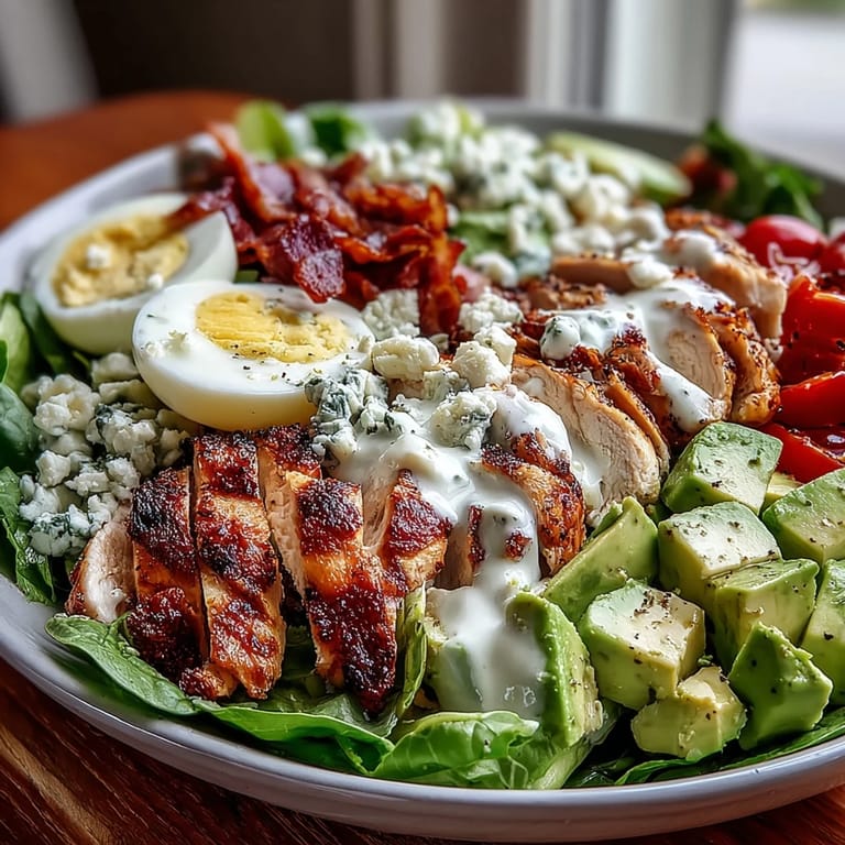 Hearty Cobb Salad Bowl with juicy grilled chicken, creamy avocado, tangy blue cheese, and rich ranch dressing served in a fresh salad base.