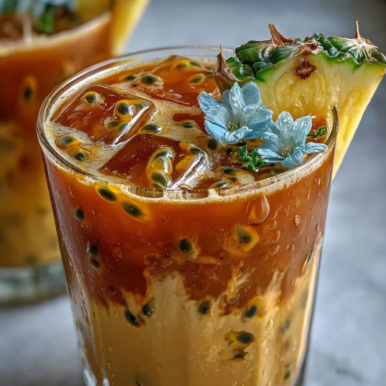 A refreshing close-up of Iced Guava Passionfruit Drink featuring tropical guava, passionfruit juice, and a swirl of creamy coconut milk.
