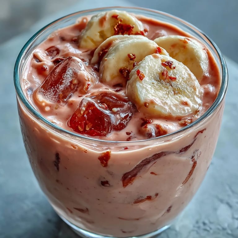 Homemade Guava Banana Smoothie blended with ice, showing a thick, creamy consistency in a clear glass with a striped straw.