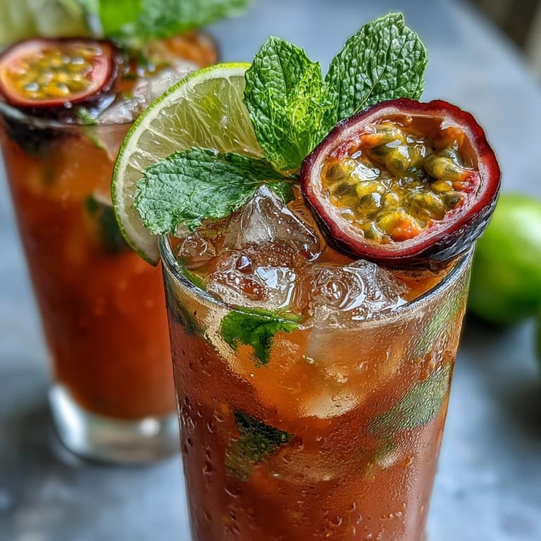 Tropical DIY Iced Guava Passionfruit Drink poured over ice with pineapple chunks and mint for a summer treat.